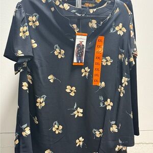 Hilary Radley Blue Short Sleeve Mandarin Collar Blouse